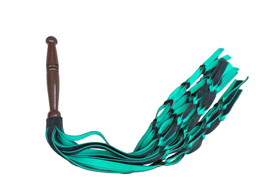 TWO-TONED BRAIDED LEATHER FLOGGER WITH WOOD HANDLE