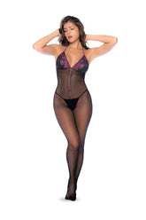 MAPALE BLACK/PURPLE FISHNET AND LACE BODYSTOCKING SET
