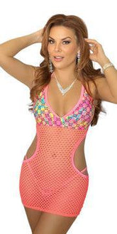 TIE DYE DESIGNER CUTOUT MESH DRESS WITH THONG