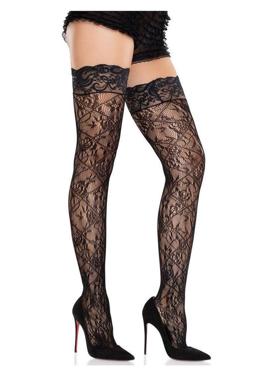Leg Avenue Stay-Up Lace Top Cross Hatch Floral Lace Thigh Highs - Black - O/S