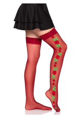 Leg Avenue Spandex Sheer Thigh Highs with Embroidered Rose Side Detail - Red - O/S