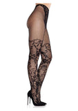 Leg Avenue French Cut Dahlia Lace Tights with Net Thigh Detail - Black - O/S