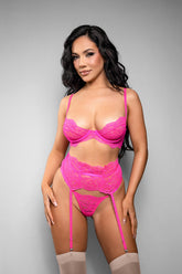 Fantasy Lingerie Juliette 3pc Bra, Garter Belt & Panty - Neon Pink