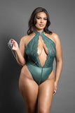 Fantasy Lingerie Domina Keyhole Halter Teddy with Detachable Chain-Link Leash Pine Green - BOXED