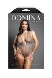 Fantasy Lingerie Domina Crotchless Plunge Teddy with Chain-Link Choker & Detachable Cuffs Gray - BOXED