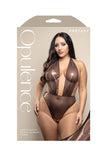 Opulence Crotchless Pearl Plunge Halter Teddy with Adjustable Pearl G-String Chocolate