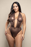 Opulence Crotchless Pearl Plunge Halter Teddy with Adjustable Pearl G-String Chocolate