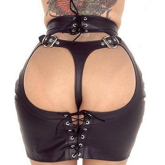Ple'sur Adjustable PVC Spanking Skirt With Built-In Thong Black