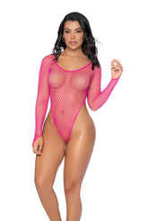 Neon Pink Long Sleeve Fishnet Bodysuit