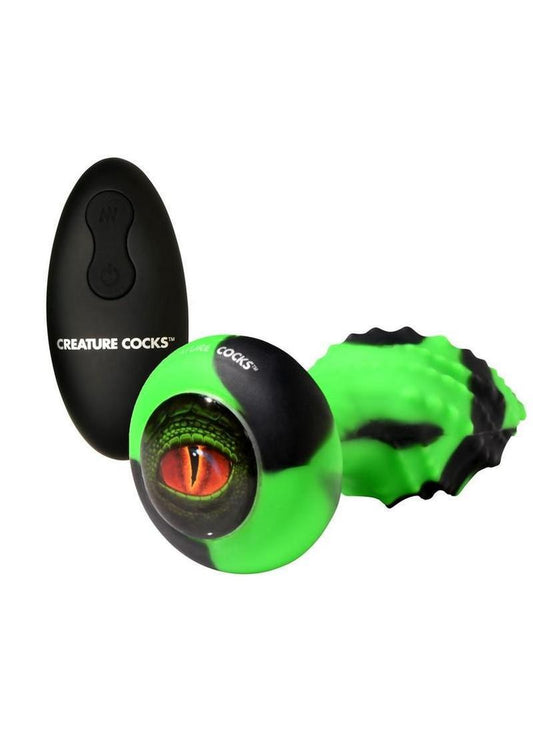 Creature Cocks Eye of the Spawn Rechargeable Silicone Vibrating & Squirming Butt Plug with Remote - Green