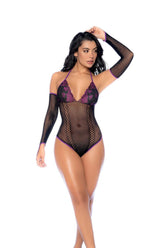 Black/Purple Fishnet and Lace Bodysuit