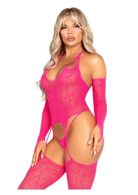 Leg Avenue Lace Halter Footless Cami Garter with Attached Toe Loop Stockings and Arm Warmers - Pink - O/S