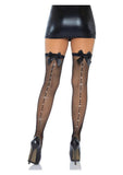 Leg Avenue Satin Bow Top Fishnet Thigh Highs with Rhinestone Backseam - OS - Black