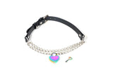 BLACK LEATHER DOG COLLAR WITH CHAIN AND HEART SHAPED LOCK