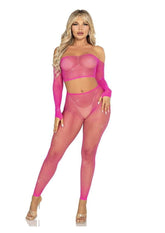 Leg Avenue Rhinestone Fishnet Crop Top and Footless Tights - Neon Pink - O/S