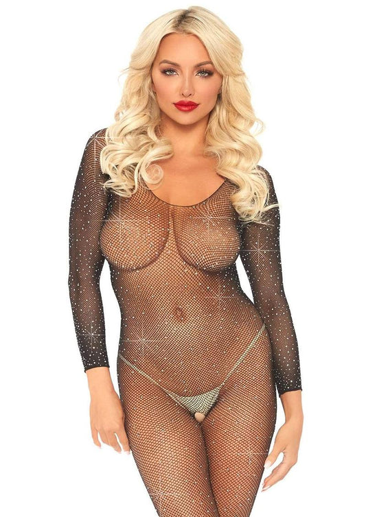Leg Avenue Crystalized Seamless Fishnet Long Sleeved Bodysuit- OS - Black