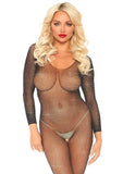 Leg Avenue Crystalized Seamless Fishnet Long Sleeved Bodysuit- OS - Black