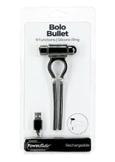PowerBullet Bolo Bullet Rechargeable Silicone Cock Tie - Black/Silver