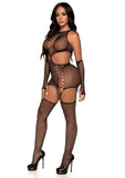 Leg Avenue Net Cut-Out Faux Lace Up Garter Dress with Attached Backseam Stockings and Matching Gloves - OS - Black