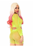 Leg Avenue Rhinestone fishnet long sleeve crop top and biker shorts (2 Piece) - O/S - Yellow
