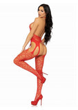 Leg Avenue Seamless Heart Net Suspender Bodystocking - O/S - Red