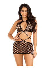 Leg Avenue Keyhole Halter Hardcore Net Mini Dress - O/S - Black