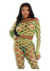 Leg Avenue Hardcore Net Crop Top and Footless Tights (2 Piece) - O/S - Neon Green
