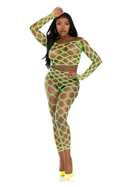 Leg Avenue Hardcore Net Crop Top and Footless Tights (2 Piece) - O/S - Neon Green
