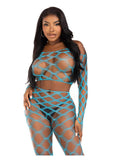 Leg Avenue Hardcore Net Crop Top and Footless Tights (2 Piece) - O/S - Turquoise