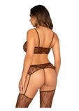 Leg Avenue Lace Bra Top with Mini Bow Detail, V-Front G-String, and Garter Belt Stockings - Cocoa - O/S