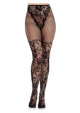 Leg Avenue French Cut Dahlia Lace Tights with Net Thigh Detail - Black - O/S