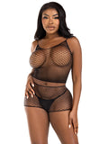 Leg Avenue Twist Net Tank Top and Boy Shorts (2 Piece) - O/S - Black