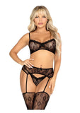Leg Avenue Lace Bra Top with Mini Bow Detail V-Front G-String and Garter Belt Stockings - Black - O/S