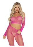 Leg Avenue Rhinestone Fishnet Crop Top and Footless Tights - Neon Pink - O/S