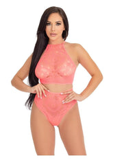 Leg Avenue Crochet Lace Halter Crop Top with Strappy Back Detail and High Waist Thong Panties (2 Piece) - Orange