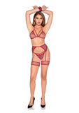 Leg Avenue Shimmer Net Bra Top, G-String Panty, Garter Harness and Wrist Ties (4 Piece) - Red/Silver - O/S