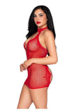 Leg Avenue Dotted Net and Lace Halter Mini Dress with Faux Lace-Up Open Back - Red - O/S