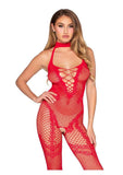 Leg Avenue Seamless Dotted Net Crotchless Lingerie Jumpsuit with Heart Detail - Red - O/S