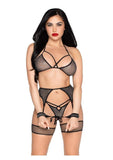 Leg Avenue Shimmer Net Bra Top, G-String Panty, Garter Harness and Wrist Ties (4 Piece) - Black/Silver - O/S