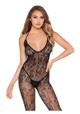 Leg Avenue Scalloped Trimmed Crotchless Lace Lingerie Jumpsuit - OS - Black