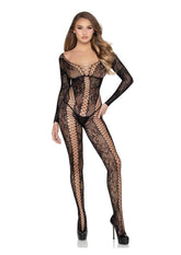Leg Avenue Net and Lace Crotchless Lingerie Jumpsuit - O/S - Black