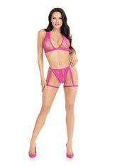 Leg Avenue Deep-V Lace Bra Top with Cross Back Detail and Panty with Attached Garters (2 Piece) - O/S
