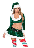 Leg Avenue HoHo Hottie, Velvet Crop Top with Faux Fur Trim, Mini Skirt, Belt and Santa Hat (4 Piece) - Green/White