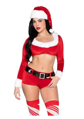 Leg Avenue Christmas Cutie Costume, Velvet Crop Top with Faux Fur Trim, Shorts, Belt and Santa Hat (4 Piece) - Red/White