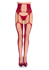 Lyra Faux Lace-Up Stockings with Attached Garter Belt – Burgundy