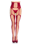 Lyra Faux Lace-Up Stockings with Attached Garter Belt – Burgundy