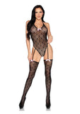 Leg Avenue Mini Heart Trimmed Heart Net Teddy with Attached Stockings -O/S