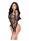 Leg Avenue Keyhole Net and Lace Crotchless Teddy with Rosette Accents and Matching Shrug (2 Piece) - Black - O/S