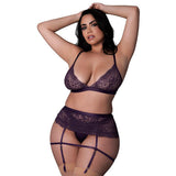 Magic Silk Leather & Lace Bralette, Garter Skirt & Thong Set Plum