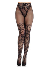 Leg Avenue French Cut Dahlia Lace Tights with Net Thigh Detail - Black - O/S